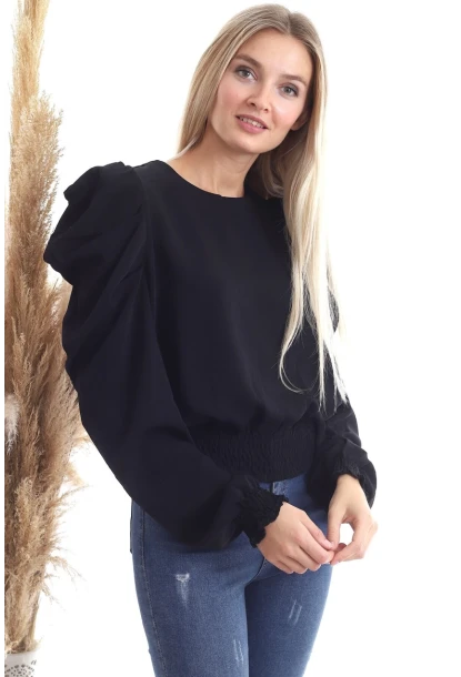 Kol Pileli Etek Gipeli Uzun Kol Siyah Bluz