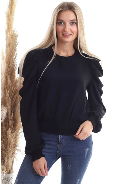 Kol Pileli Etek Gipeli Uzun Kol Siyah Bluz