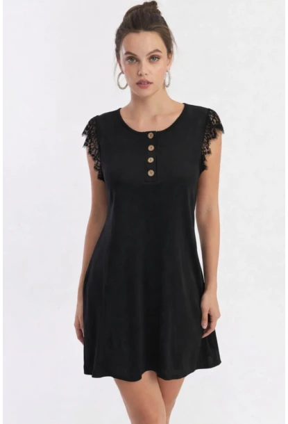 Kolları Güpür Detaylı Viskon Elbise Siyah