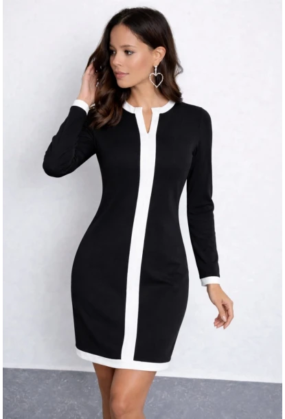 Kontrast Şerit Detaylı Hakim Yaka Siyah Mini Elbise
