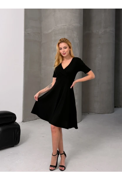 Kruvaze V Yaka Kısa Kollu Kloş Elbise Siyah