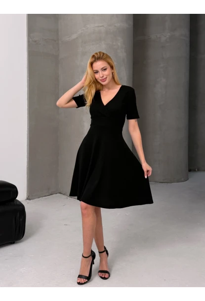 Kruvaze V Yaka Kısa Kollu Kloş Elbise Siyah