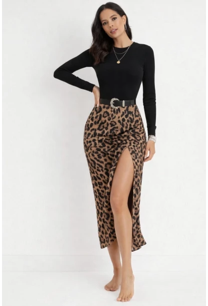 Leopar Desenli  Modal Kumaş Yırtmaç Detaylı Yüksek Bel Midi Etek