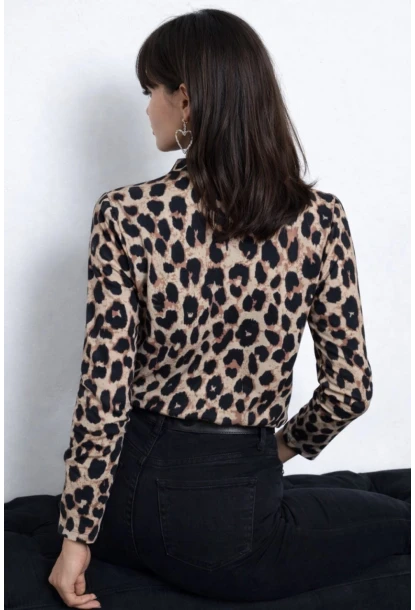 Leopar Desenli V Yaka Uzun Kollu Bluz