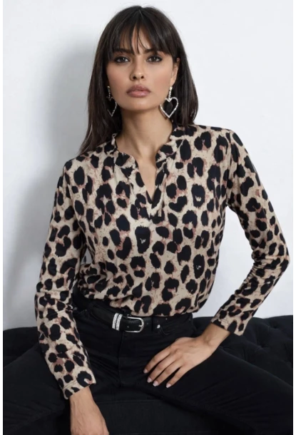 Leopar Desenli V Yaka Uzun Kollu Bluz