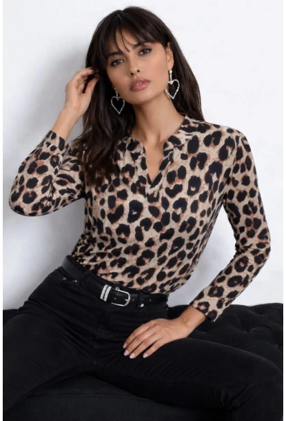 Leopar Desenli V Yaka Uzun Kollu Bluz