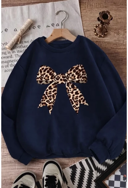 Leopar Fiyonk Baskılı 3Üç İplik Oversize Sweatshirt