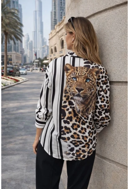 Leopar Taş Bakılı Yarısı Blok Çizgili Gömlek