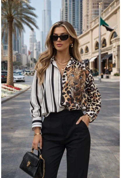 Leopar Taş Bakılı Yarısı Blok Çizgili Gömlek