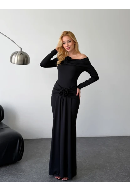 Likralı Modal Kumaş Çiçek Aksesuarlı Maxi Boy Elbise