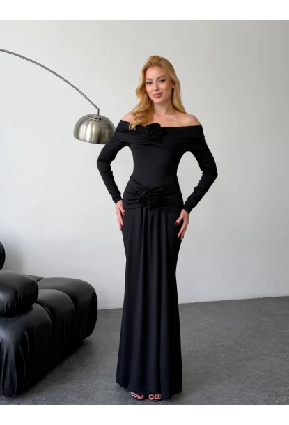 Likralı Modal Kumaş Çiçek Aksesuarlı Maxi Boy Elbise