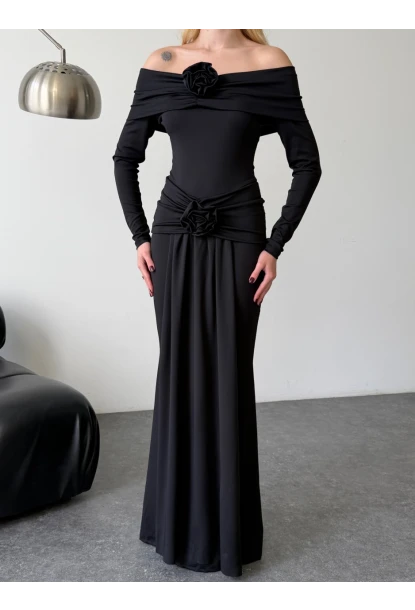 Likralı Modal Kumaş Çiçek Aksesuarlı Maxi Boy Elbise