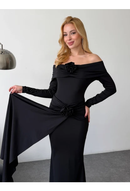 Likralı Modal Kumaş Çiçek Aksesuarlı Maxi Boy Elbise