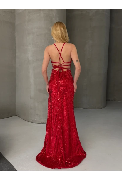 Likralı Pulpayet İşleme Dekolteli Maxi Elbise Kırmızı CL9689