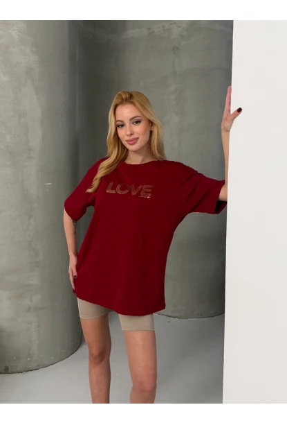 Love Baskılı Oversize Kadın Tişört – Kırmızı