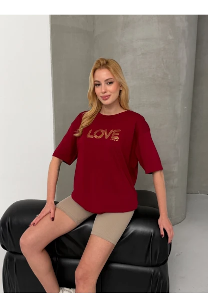Love Baskılı Oversize Kadın Tişört – Kırmızı