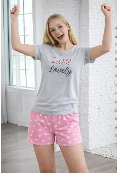 Lovely Baskılı Kalp Desenli Şortlu Kadın Pijama Takımı – Gri & Pembe