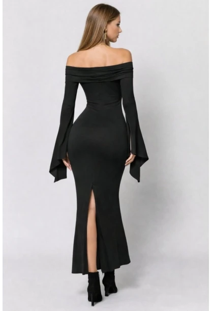Madonna Yaka Yırtmaç Kollu Uzun Siyah Elbise