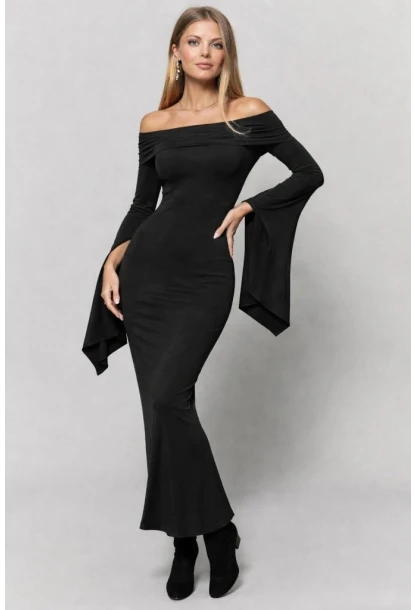 Madonna Yaka Yırtmaç Kollu Uzun Siyah Elbise