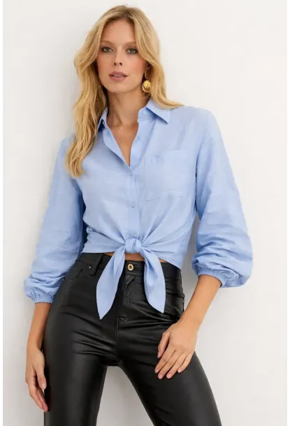 Mavi Bağlamalı Crop Gömlek – Lastikli Kol Detaylı Yazlık Kadın Gömlek