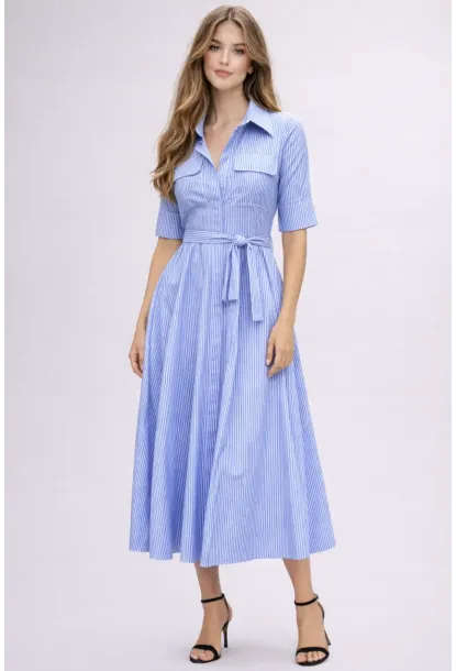 Mavi Çizgili Gömlek Yaka Midi Elbise – Rahat Kesim Günlük Şıklık