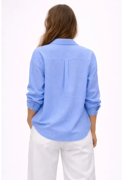 Mavi Çizgili Jakar Kumaş Oversize Gömlek