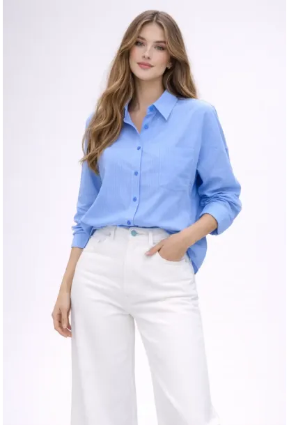 Mavi Çizgili Jakar Kumaş Oversize Gömlek