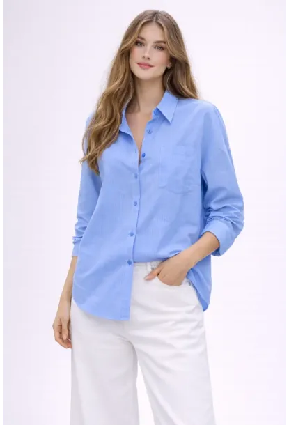 Mavi Çizgili Jakar Kumaş Oversize Gömlek