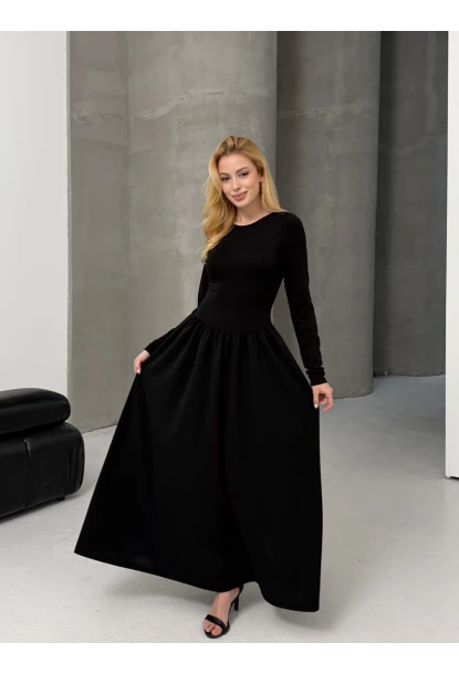 Maxi Boy Etek Kısmı Dokuma Poplin Kloş Üst Kısmı Esnek Viskon Siyah Elbise