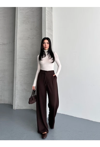 Modal Kumaş Bel Detay Pantolon Kahve