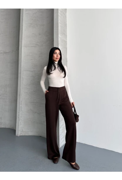 Modal Kumaş Bel Detay Pantolon Kahve