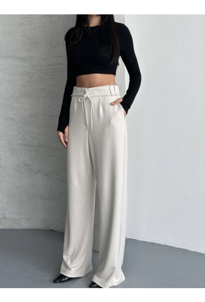 Modal Kumaş Bel Detay Pantalon Krem