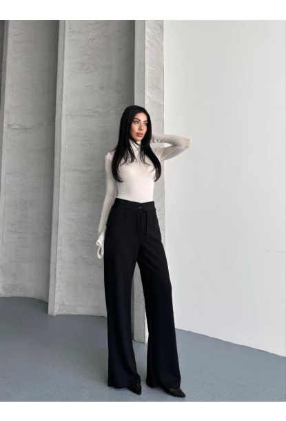 Modal Kumaş Bel Detay Pantolon Siyah