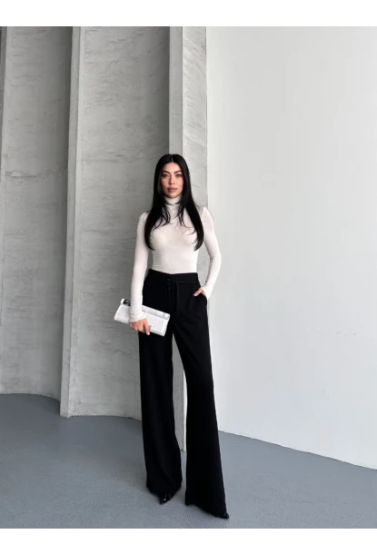 Modal Kumaş Bel Detay Pantolon Siyah