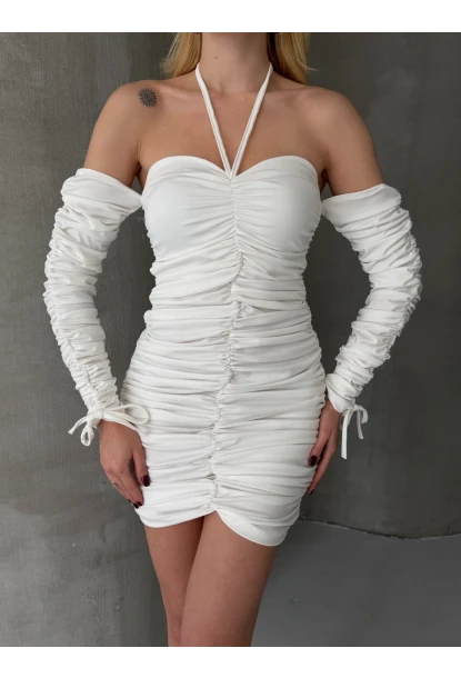 Modal Kumaş Drape Detaylı Mini Elbise Beyaz CL9695