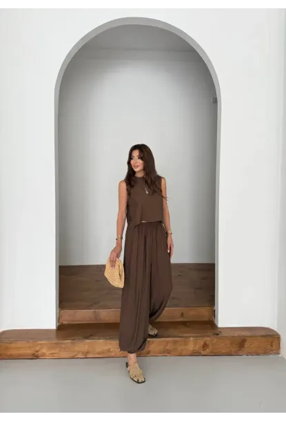 Modal Kumaş Kolsuz Bluz Şalvar Pantalon Alt Üst Takım Kahve