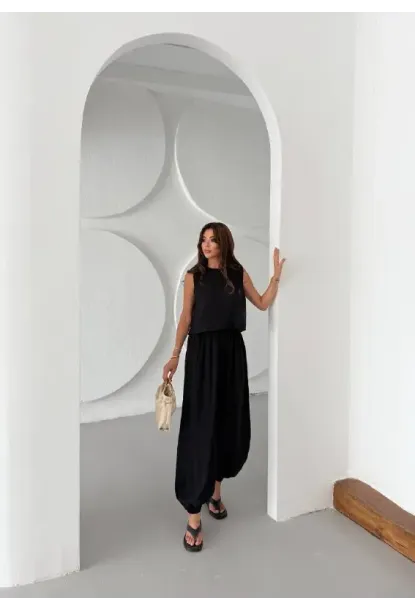 Modal Kumaş Kolsuz Bluz Şalvar Pantalon Alt Üst Takım Siyah