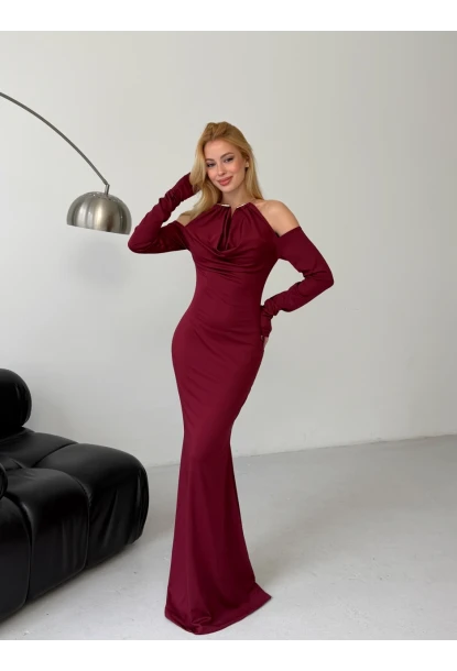 Modal Kumaş Likralı Aksesuar Detay Maxi Elbise Bordo