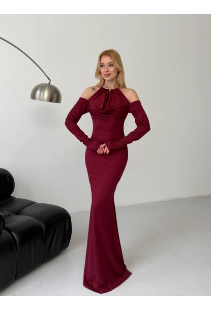 Modal Kumaş Likralı Aksesuar Detay Maxi Elbise Bordo