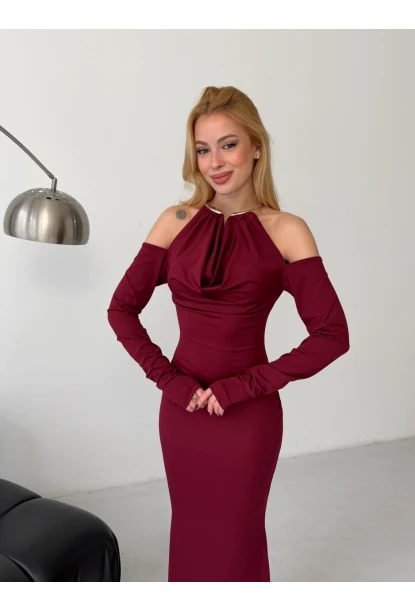 Modal Kumaş Likralı Aksesuar Detay Maxi Elbise Bordo