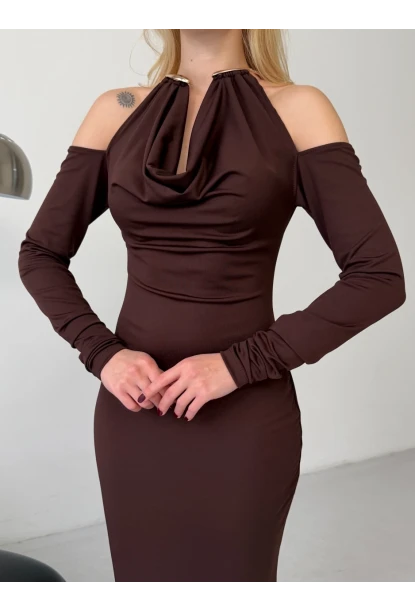 Modal Kumaş Likralı Aksesuar Detay Maxi Elbise Kahve