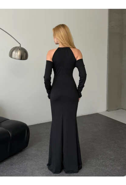 Modal Kumaş Likralı Aksesuar Detay Maxi Elbise Siyah