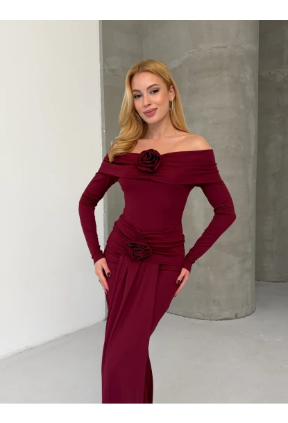 Modal Kumaş Likralı Çiçek Aksesuarlı Maxi Boy Elbise Bordo