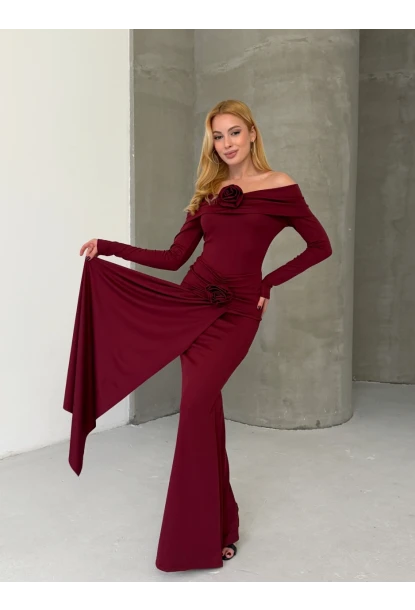 Modal Kumaş Likralı Çiçek Aksesuarlı Maxi Boy Elbise Bordo