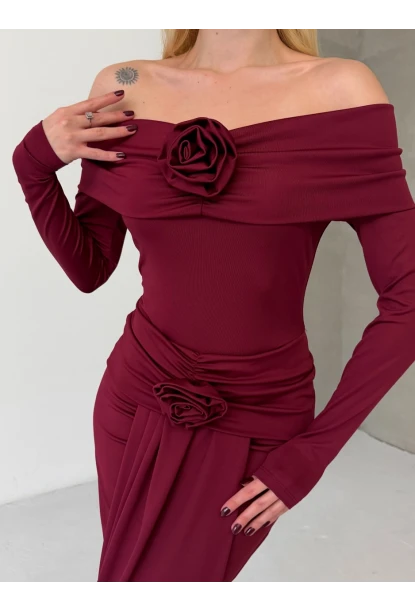 Modal Kumaş Likralı Çiçek Aksesuarlı Maxi Boy Elbise Bordo