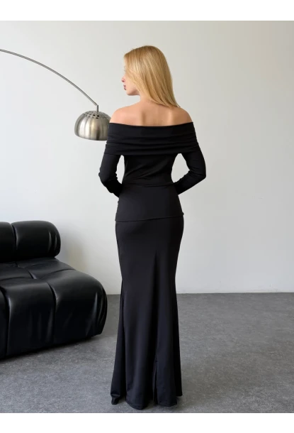 Modal Kumaş Metal Aksesuar Detaylı Maxi Boy Elbise Siyah