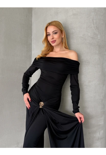 Modal Kumaş Metal Aksesuar Detaylı Maxi Boy Elbise Siyah