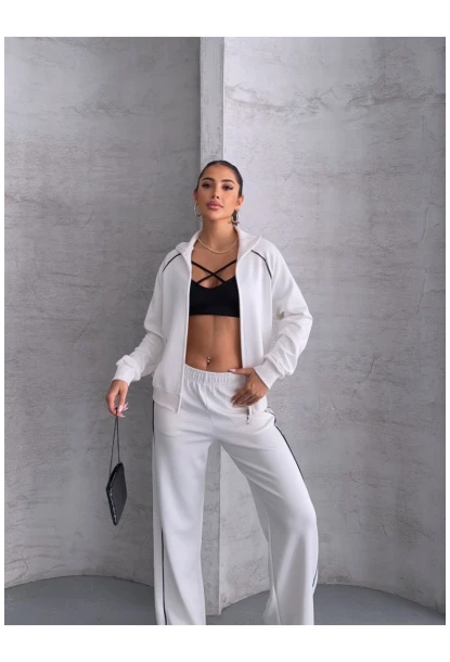 Modal Kumaş Şerit Detaylı Takım Beyaz