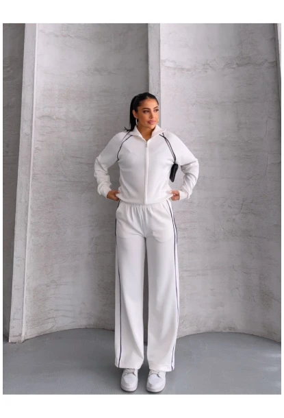 Modal Kumaş Şerit Detaylı Takım Beyaz