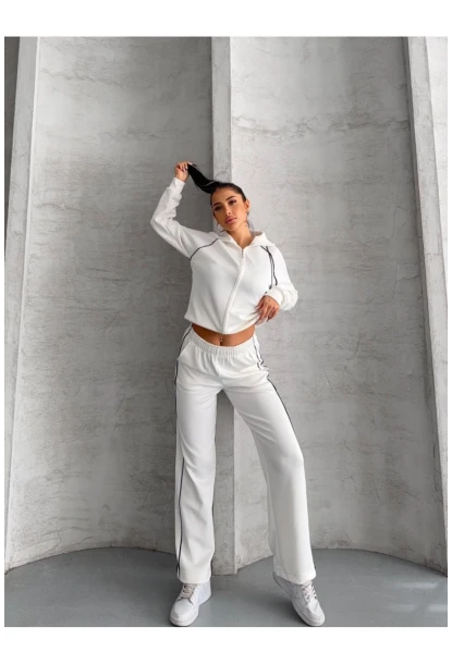 Modal Kumaş Şerit Detaylı Takım Beyaz